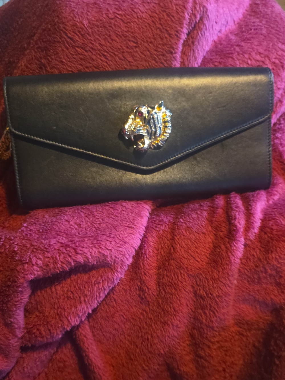 Black Gucci Rajah Envelope Clutch with Decorative Tiger Accent Authentic